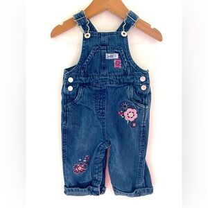 Vintage Baby Girl Denim Overalls, Flower Embroidery, Split Bib Pocket